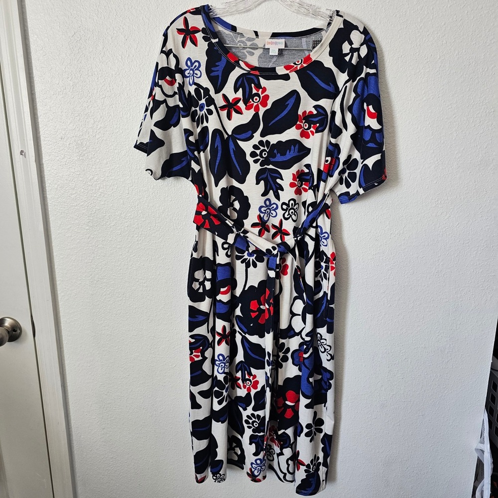LuLaRoe Floral Midi Dress 2XL Short Sleeve Tie Waist Pockets Red Blue White